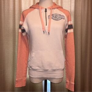 Harley Davidson Women’s Small Quarter Zip Hoodie Pastel Orange White Gray